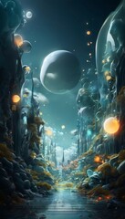 Naklejka premium a fantastical, surreal landscape with a winding path leading through a dense, ethereal forest. The sky above is a deep blue, dotted with floating, glowing spheres that appear to