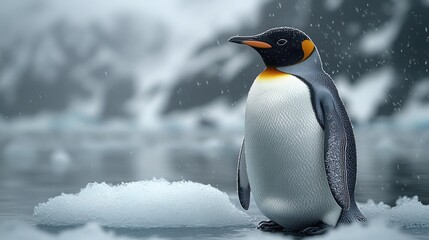 Fototapeta premium A Single Penguin Standing Proudly on Ice, Surrounded by Peaceful White Space Ideal for Winter-Themed Designs