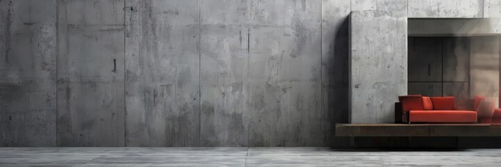 A minimalist interior design with a concrete wall, a red sofa, and a wooden bench.