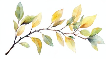 A beautiful watercolor illustration of a branch with green and yellow leaves, perfect for nature-themed designs.