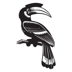 Obraz premium Great Hornbill Bird Clipart - Great hornbill relaxed posture Vector Illustration in black and white 