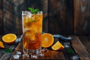 Fototapeta premium Tasty Long Island cocktail with ice tea and alcohol on dark wooden background