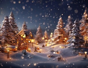 Fototapeta premium A winter wonderland scene with a snowy landscape, illuminated trees, and a small village with a warmly lit cabin in the background.
