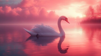 Fototapeta premium A Serene Image of a Single Swan Floating Gracefully on Calm Waters in Soft Pastel Tones