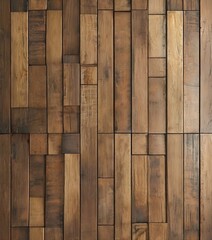 a close-up view of a wooden wall panel composed of vertical wooden planks arranged in a grid-like pattern. The planks vary in shades of brown and show signs of wear and tear,