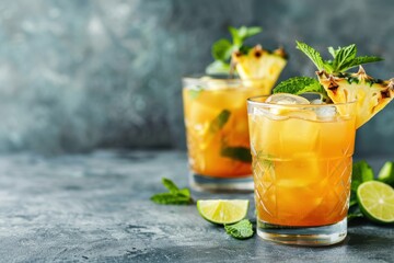 Variety of mai tais in glasses with pineapple lime mint white space
