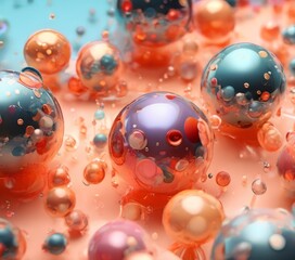 collection of spherical objects in various shades of orange, blue, and purple, scattered across a light pink background.