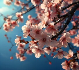 Delicate pink cherry blossoms in full bloom against a clear blue sky, with sunlight filtering through the petals.