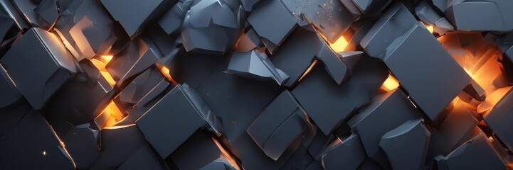 complex arrangement of dark, angular cubes, each emitting a warm, orange glow. The cubes are arranged in a grid-like pattern, with some overlapping and others standing apart,