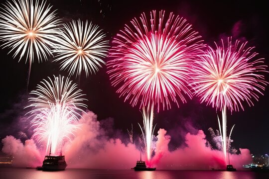 Vibrant Ruby and Shimmering White Fireworks Display for New Year Celebration