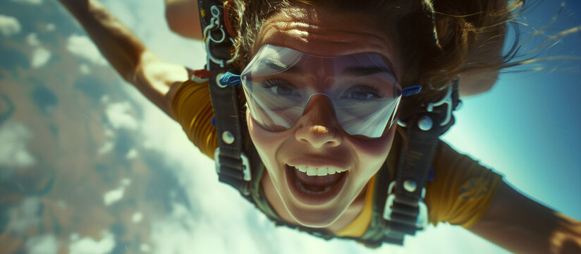 Adventurous European Millennial Woman Skydiving: Thrilling Freefall from High Altitude, Smiling with Wind in Hair, Parachute, and Safety Gear, Embracing the Excitement and Freedom of Extreme Sport