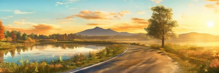 Fototapeta premium A winding road cuts through a serene landscape, flanked by a tranquil lake and a majestic mountain range. The sky is awash with hues of orange and yellow, as the sun sets behind