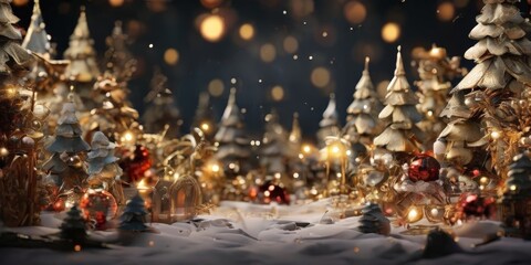 A festive winter scene with a snowy landscape, golden trees adorned with ornaments, and twinkling lights creating a warm, magical atmosphere.