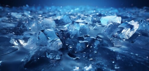 A close-up view of a collection of clear, faceted ice cubes scattered across a dark blue surface, with water droplets visible on the ice.