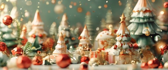 Fototapeta premium A festive Christmas scene featuring a variety of ornaments and decorations, including small trees, gold and red baubles, and a large star-shaped ornament, all set against a blurred green background.