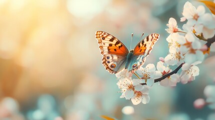 Obraz premium A Beautiful Butterfly Perched on Cherry Blossoms