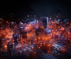 Obraz premium a futuristic cityscape with a complex network of glowing lines and structures, creating a sense of depth and dimensionality. The city is illuminated by a myriad of orange and