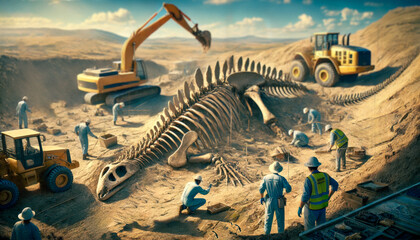 Fictitious excavation of large dinosaur fossils in the desert landscape using modern machines