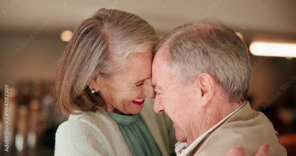 Sticker Happy, senior couple and dance with love in home for marriage, care or bonding on anniversary. Elderly man, woman and celebration with hug in house for commitment, romance or connection in retirement