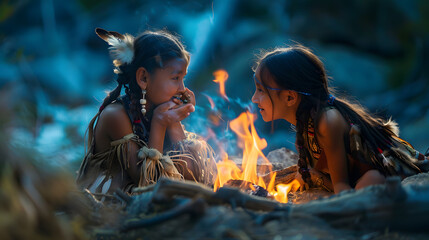 Intimate shot of two Native American children whispering secrets by a campfire 