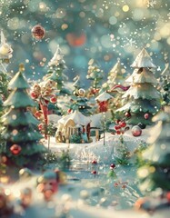 A whimsical, snow-covered Christmas scene with a miniature village, trees, and ornaments, surrounded by falling snowflakes.