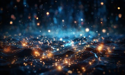 Obraz premium a serene, dark blue body of water with a multitude of small, glowing lights scattered across its surface, creating a mesmerizing and ethereal atmosphere.