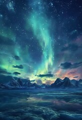 The Aurora Borealis, or Northern Lights, dance across the night sky, reflected in the still waters below. The sky is a canvas of blue and green, dotted with white stars, and the