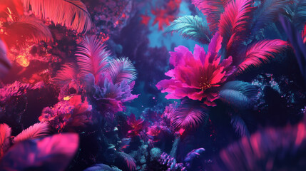 Vibrant tropical jungle with bright pink flowers and lush foliage illuminated by ethereal lighting, creating a magical and surreal atmosphere.