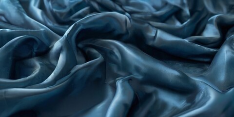 Fototapeta premium a close-up view of a crumpled, blue satin fabric, with the folds and creases creating a textured and flowing appearance.