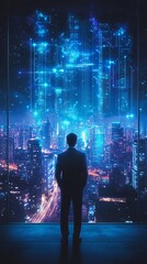 Businessman looking at futuristic city.