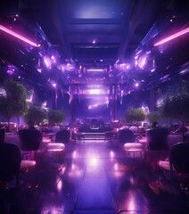 a futuristic, dimly lit room with a high ceiling, large windows, and a central stage area. The room is illuminated by a mix of purple and blue lights, creating a and immersive atmosphere.