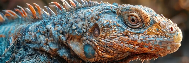 Fototapeta premium A close-up of a blue iguana's head, showcasing its vibrant scales, sharp teeth, and large eyes.