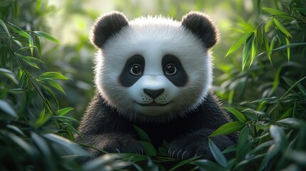Obraz premium Stylized Panda Bear Surrounded by Bamboo Leaves for Wildlife Conservation Awareness