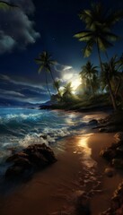 A serene tropical beach at night, with palm trees silhouetted against a starry sky and a calm ocean reflecting the moonlight.