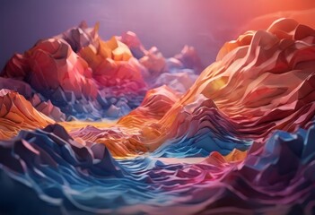 Obraz premium a fantastical landscape with mountains and valleys in a vibrant color palette of red, orange, yellow, blue, and purple. The mountains are jagged and rocky, while the valleys are