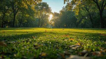 A serene morning in a lush green park with tall trees, where the sun rises and casts a golden glow, highlighting the dew on the manicured grass