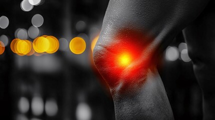 A close-up of a knee with bruising and swelling after a traumatic injury, with a red overlay to show pain intensity.