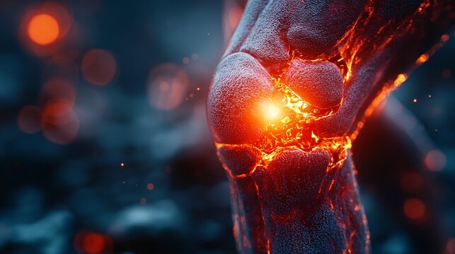 A close-up of a knee with bruising and swelling after a traumatic injury, with a red overlay to show pain intensity.