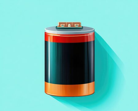 Colorful battery against a vibrant turquoise background, ideal for technology and energy related themes.