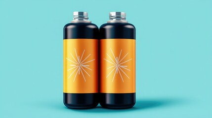 Fototapeta premium Two stylish bottles with striking orange labels, set against a vibrant turquoise background, perfect for product display.