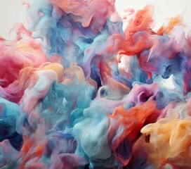 Fototapeta premium a vibrant abstract composition featuring swirling, multicolored smoke or vapor in shades of pink, blue, orange, and yellow, creating a dynamic and visually effect.
