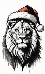 Obraz premium drawing of a lion wearing a santa hat, white background, sketch style