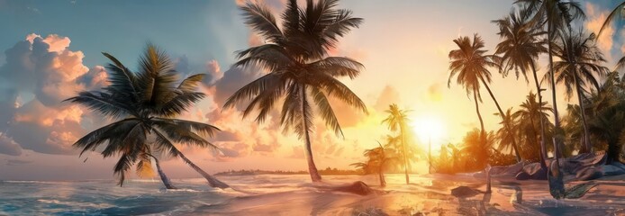 Obraz premium A tropical beach scene at sunset, featuring palm trees silhouetted against a vibrant sky.