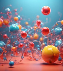a vibrant and abstract scene of numerous colorful spheres, including red, blue, and yellow spheres, floating and swirling in a dynamic arrangement against a blue background.