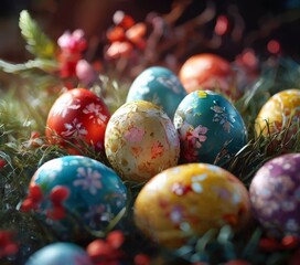 Fototapeta premium A close-up view of a collection of Easter eggs, each with a unique design, nestled in a bed of green grass and red berries.