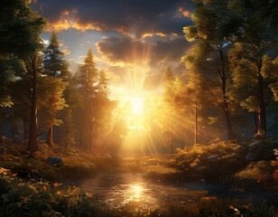 A serene forest landscape bathed in the warm glow of the setting sun, with a tranquil pond reflecting the golden light and the silhouettes of trees and rocks in the background.