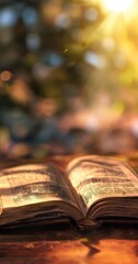 Obraz premium An open book rests on a wooden surface, its pages illuminated by the warm glow of the sun. The blurred background suggests a serene outdoor setting, with the sun's rays creating a lens flare effect.