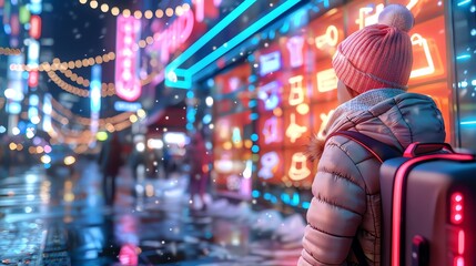 Obraz premium shopper receiving personalized holiday travel recommendations, representing tailored vacation options, with light effects enhancing the adventure and festivity.