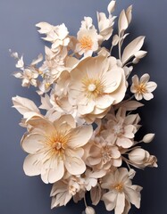 A bouquet of delicate white paper flowers with golden centers is arranged against a dark blue background.