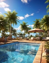 A tropical resort with a swimming pool, palm trees, and a clear blue sky.